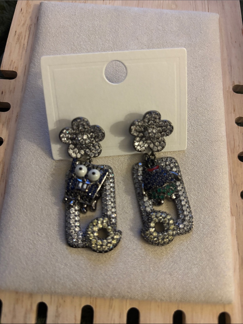 Silver Crystal Flower Drop Earrings with Playful Charms